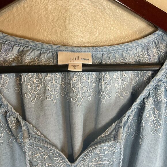 J Jill Denim Womens Chambray Embroidered Top Size M Blue Long Sleeve Tassel Boho - Picture 10 of 12